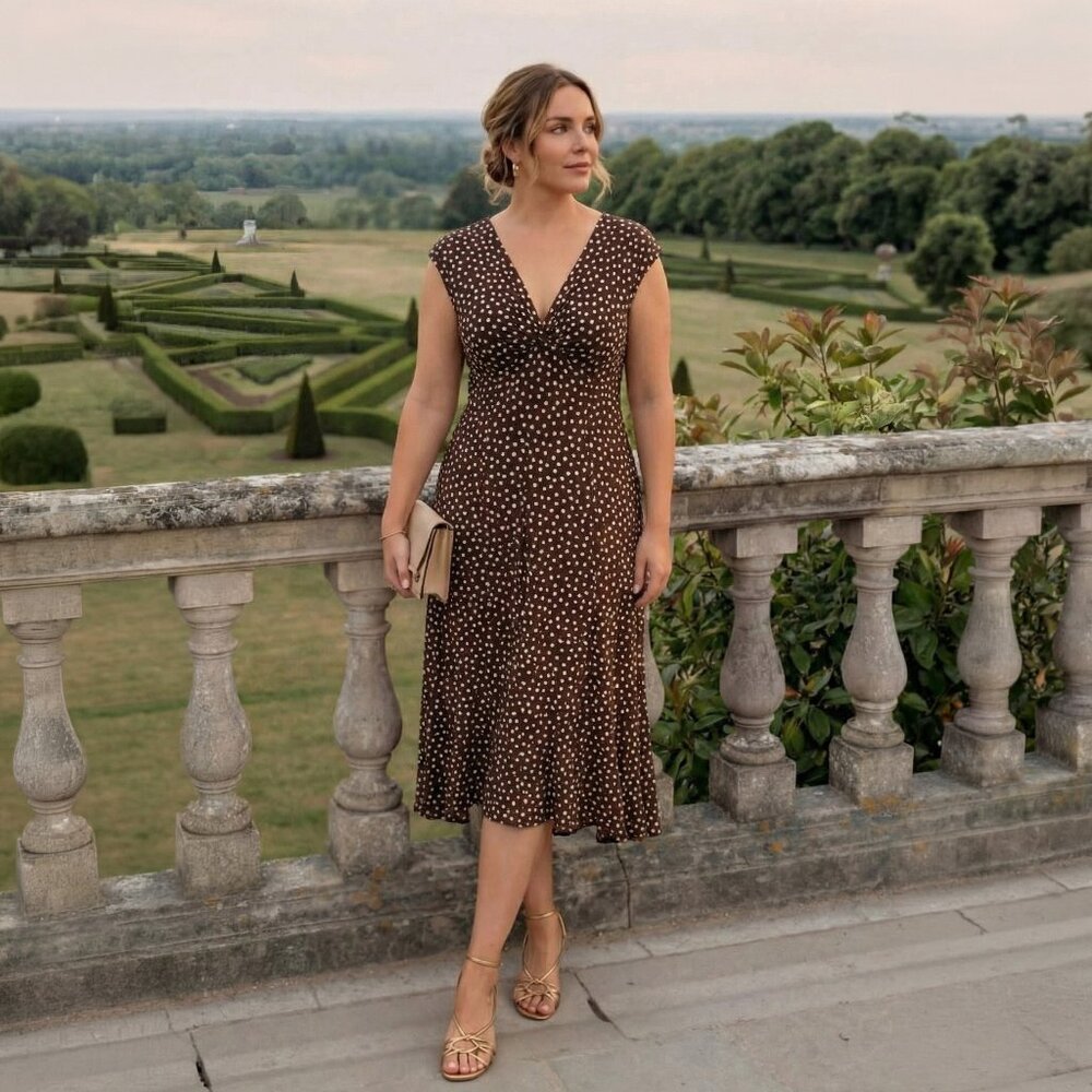 Jones NY Polka-Dot Midi Dress with Flattering V-Neck Design